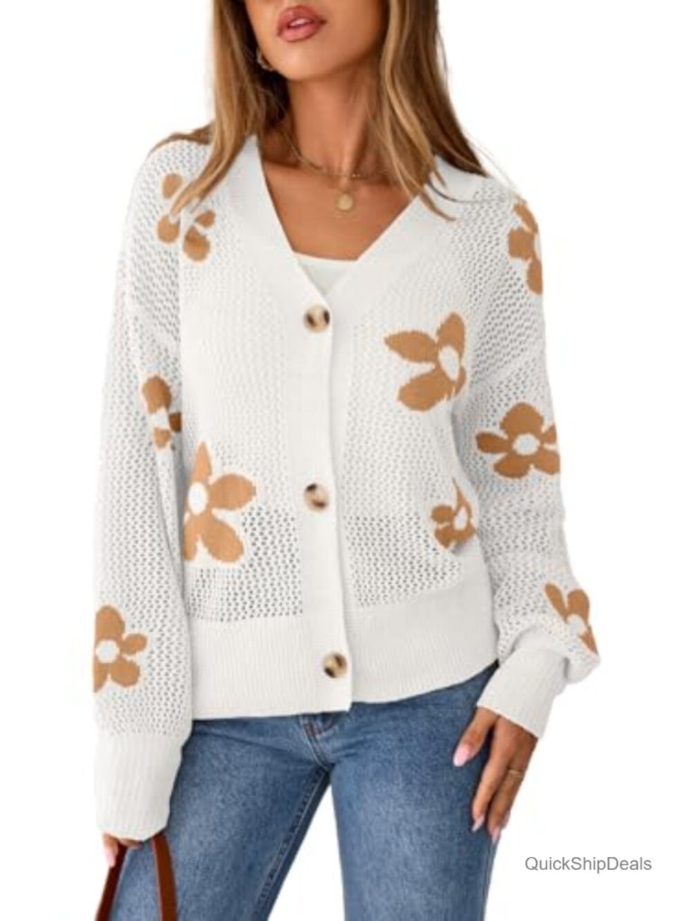 Crochet Knit Cardigan Button See Through Lightweight Long Sleeve Sweater